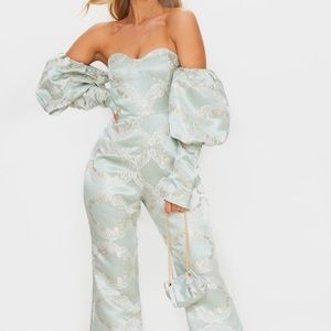 Sage Green Jacquard Puff Sleeve Jumpsuit